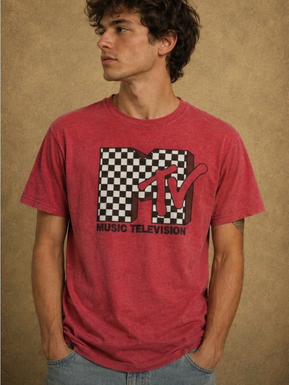 MTV Checkerboard Logo Short Sleeve Tee in Red
